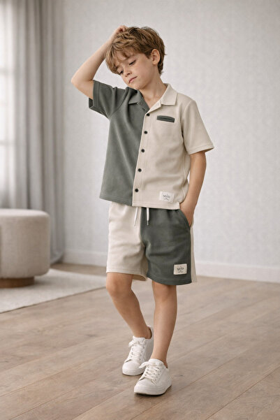 Beka Kids Момчешки двуцветен бродиран комплект от 2 части: риза и къси пантал...