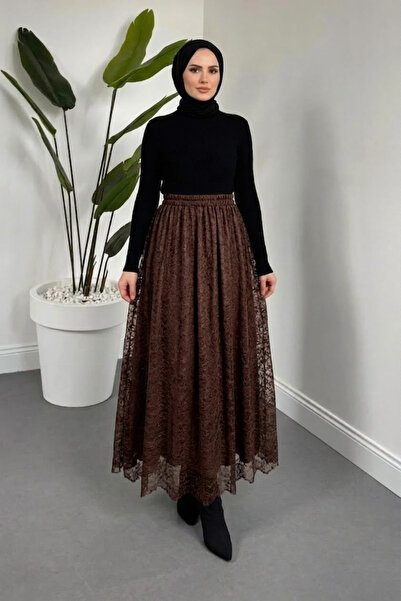 Tesettür Diyarı Noft Ασύμμετρη Δαντελένια Φούστα Χιτζάμπ με Φόδρα - Καφέ