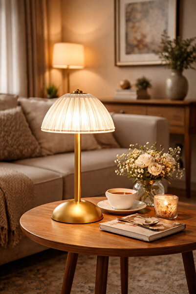 newar Uzun Mantar LED Masa Lambası Şarjlı Dokunmatik 3 Renk Işık Modlu Dekora...