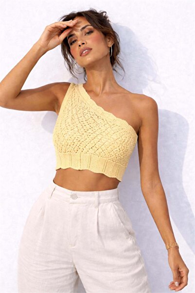 Trendiz Γυναικείο πλεκτό πουλόβερ με έναν ώμο, διάτρητο, κίτρινο