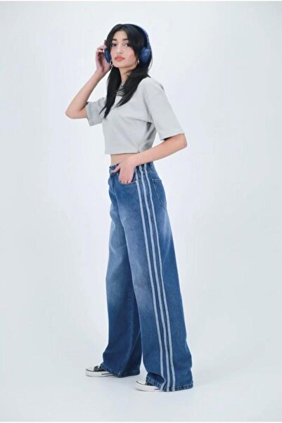 yesmoda Washable Baggy Jeans with Side Stripes Smoked