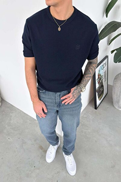 HAFKAGİYİM Navy Blue Embroidered Detailed Textured Oversize T-Shirt