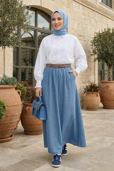 Hb Harma Time Butik Women's Belted Open Denim Blue Skirt with Pockets