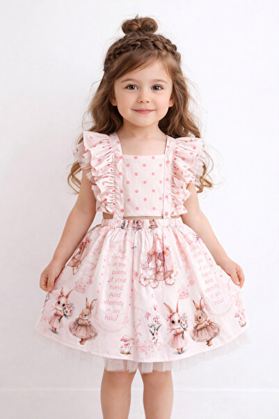 Cumino Nina Tavşan Desenli Tüllü Kız Çocuk Pembe Elbise - Doğum Günü, Özel Gü...