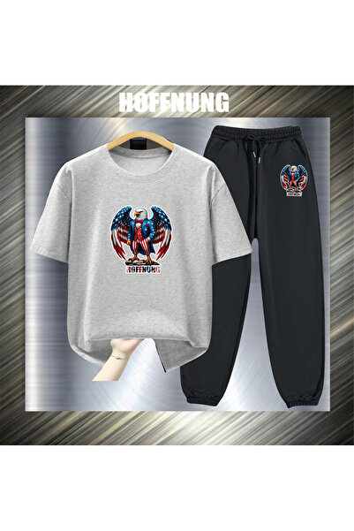 HOFFNUNG طقم كاجوال للجنسين بأكمام قصيرة مع طباعة نسر أمريكي للخارج في الربيع...