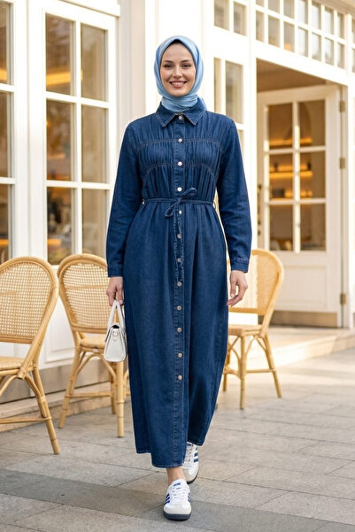 Hb Harma Time Butik Women's Lace-Up Waist, Buttoned, Dark Blue Denim Hijab Dress