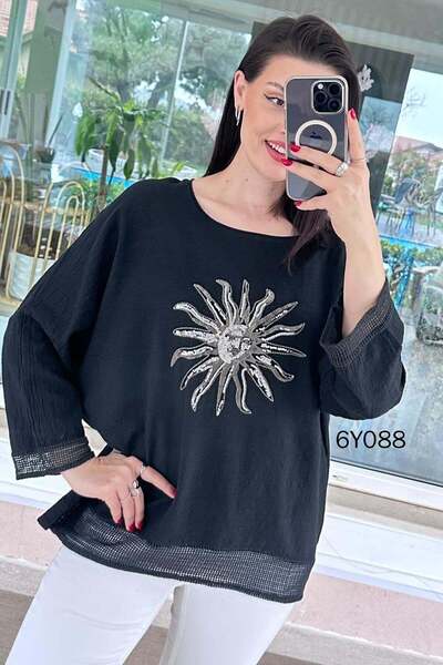 İnce Topuk Sun Sequin Embroidered Linen Blouse 6Y088