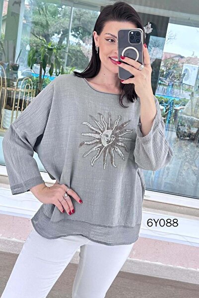 İnce Topuk Льняна блузка з вишивкою «Сонечко» та блискітками 6y088