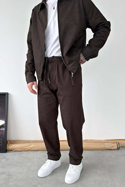 HAFKAGİYİM Καφέ παντελόνι με ελαστική μέση και υφή, σε φαρδιά γραμμή