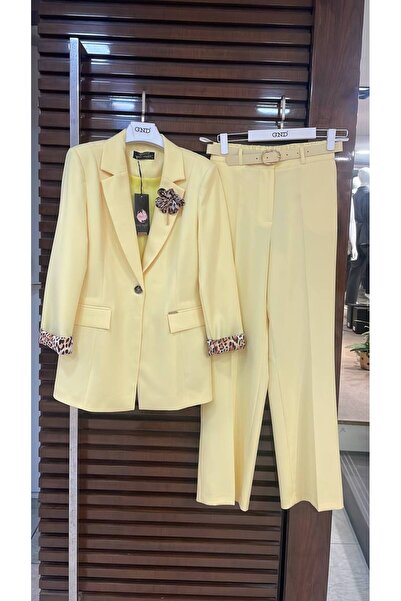 GND TEKSTİL GND Broşlu Leopar Astarlı Ceket Kemerli Pantolon İkili Takım 8136-26