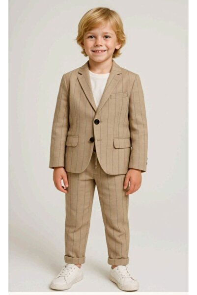 Alin Alp 9-14 Yaş Erkek Çocuk Bej Çizgili Blazer Ceket Takım Elbise-10 Y