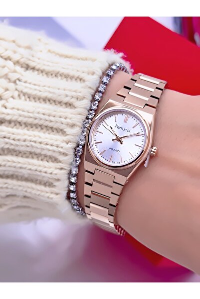 Ferrucci ساعة يد نسائية بسوار فولاذي وهيكل فولاذي، مقاومة للماء حتى 3 ATM، ضم...