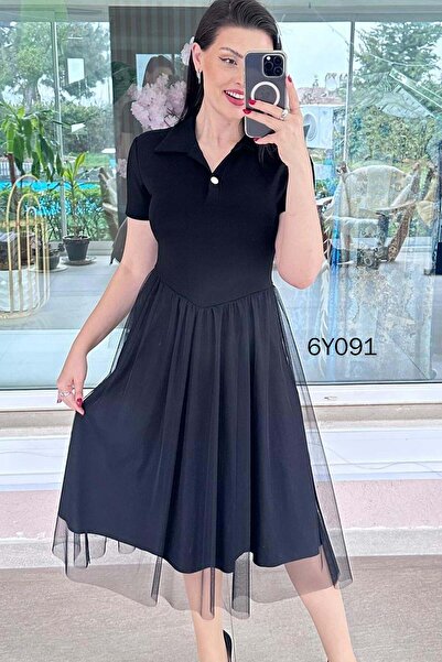 İnce Topuk Polo Collar Tulle Garnished Modal Dress 6Y091