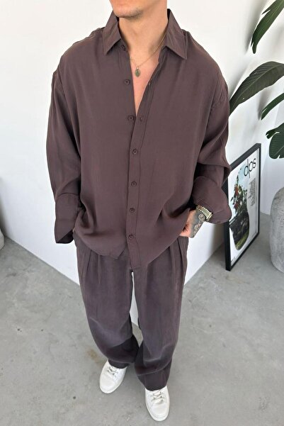 HAFKAGİYİM Καφέ Βασικό Oversize Πουκάμισο από Modal