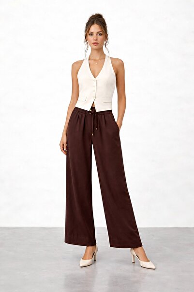 VAGGON Wide Leg Trousers with Elastic Waist and Ties