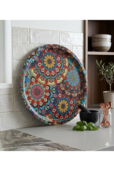 ATAGİFT HEDİYELİK ÇİÇEKLİ CÜMBÜŞÜ AHENK YUVARLAK METAL SUNUM KAHVE TEPSİSİ 30 CM