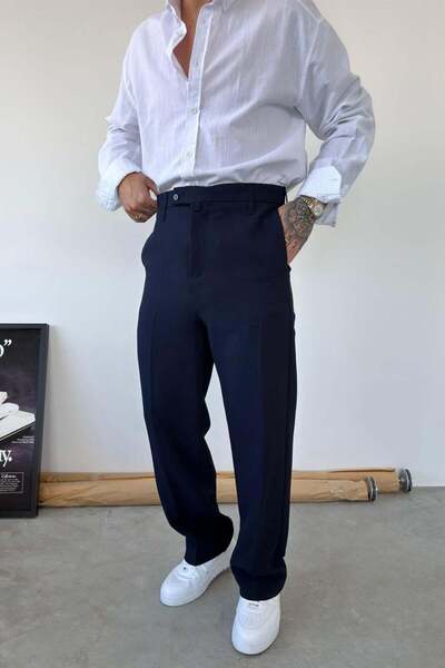 HAFKAGİYİM Navy Blue Textured Basic Fabric Trousers