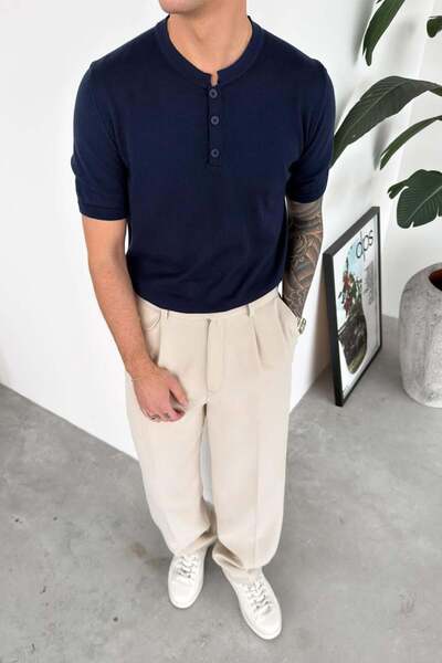 HAFKAGİYİM Navy Blue Buttoned Collar Relaxed Knitwear T-Shirt
