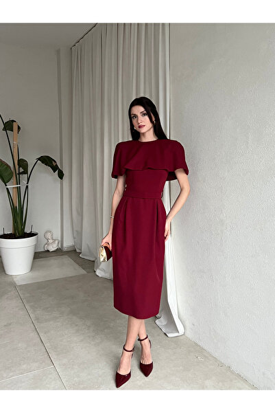 Klex Kayık Yaka Volan Detaylı Midi Boy Elbise