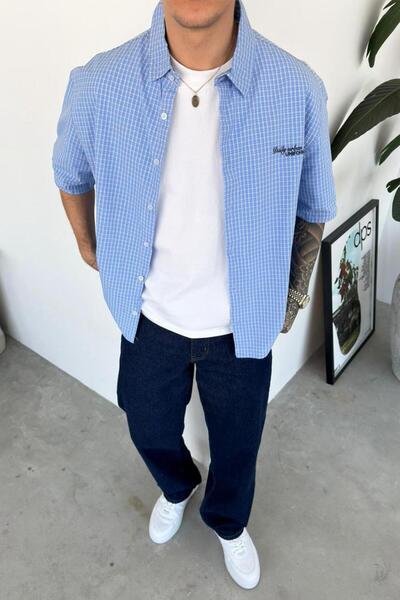 HAFKAGİYİM Baby Blue Daily Embroidered Checkered Old School Oversize Shirt