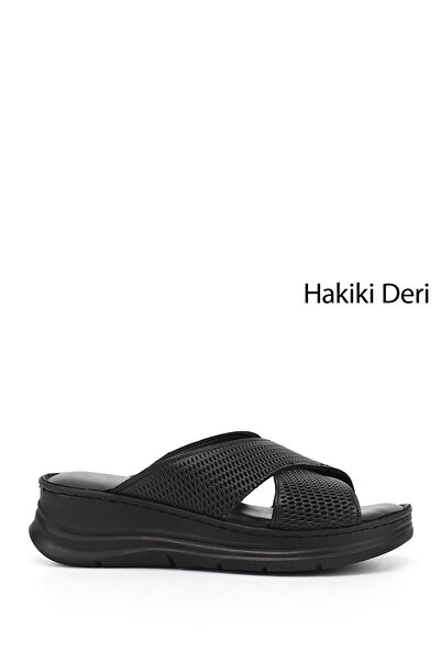 GÖNDERİ(R) Women's Black Wedge Sole Genuine Leather Slippers