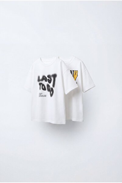 Magu Unisex Παιδικό Βαμβακερό Λευκό Σετ με 2 Μπλουζάκια - Με Λεπτομέρεια Εκτύ...