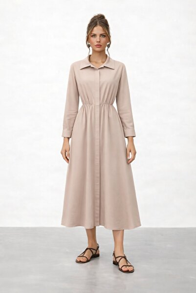 VAGGON Shirt Collar Elastic Waist Long Sleeve Midi Dress