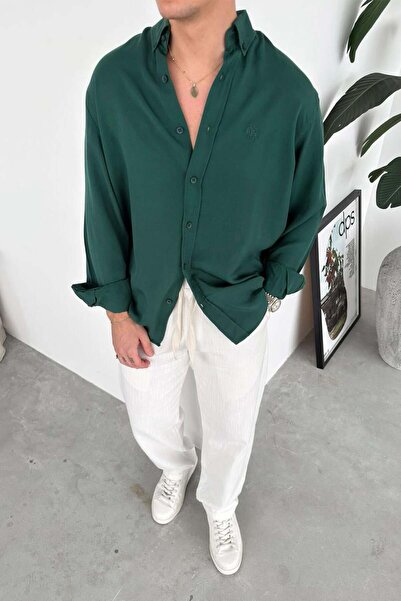HAFKAGİYİM Dark Green Embroidered Oversize Modal Shirt