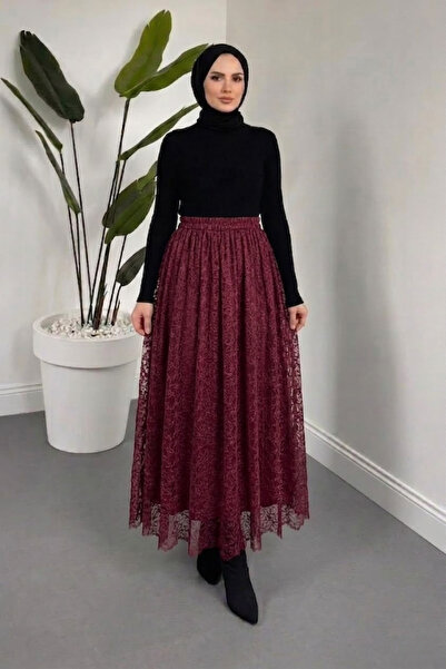Tesettür Diyarı Noft Ασύμμετρη Δαντελένια Φούστα Χιτζάμπ με Φόδρα - Βουργουνδί