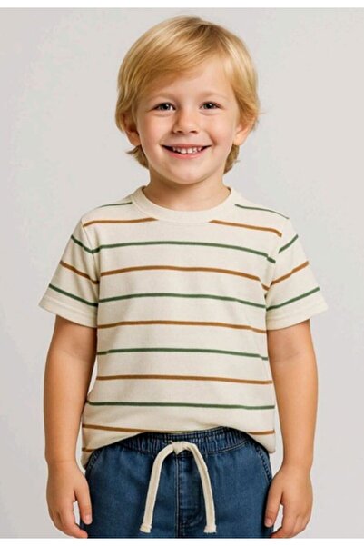 Alin Alp 2-14 Years Old Boys' Green Striped Knitwear T-Shirt-6/7 Y