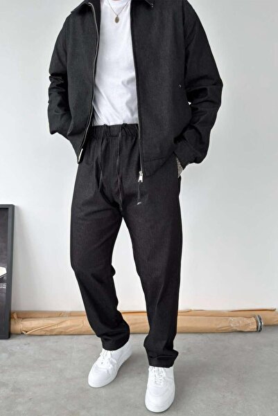 HAFKAGİYİM Black Textured Baggy Pants with Elastic Waist