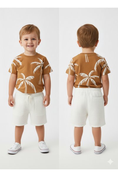 Alin Alp 3-9 Years Old Boy's Palm Tree Patterned T-Shirt Muslin Shorts Set-8/9 Y