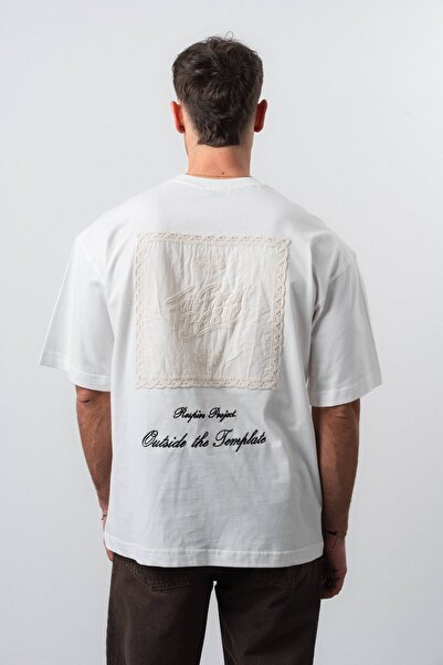 Respire Tricou oversize brodat Far From Basic pentru bărbați, Ecru