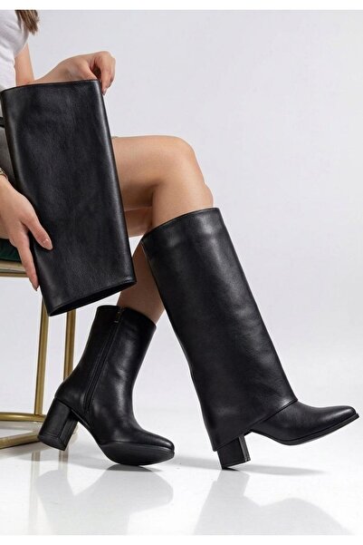 BESKAR حذاء ويلا ذو كعب جلدي أسود قابل للإزالة