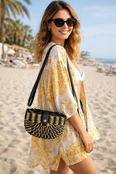 FELLMENS Μαύρη δερμάτινη ψάθινη γυναικεία τσάντα με λουράκι