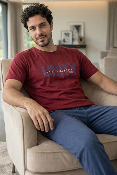 Pijamaevi Set de pijamale pentru bărbați, din bumbac, cu mânecă scurtă, cu im...