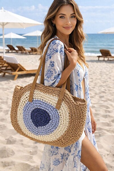 FELLMENS Ψάθινη γυναικεία τσάντα με δερμάτινο λουράκι σε χρώμα καμήλας και λε...