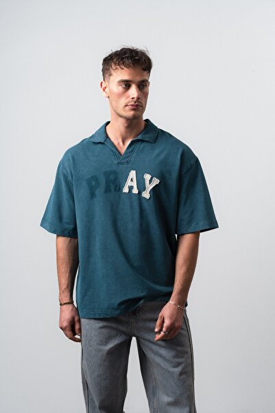 Respire Ανδρικό T-Shirt με κέντημα Pray, λαιμόκοψη πόλο, oversized, σμαραγδί