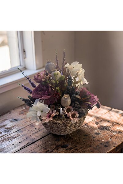 FLORİVYA Sepet İçinde Yapay Çiçek Aranjmanı Dekoratif Masa Üstü Çiçek Hediyelik