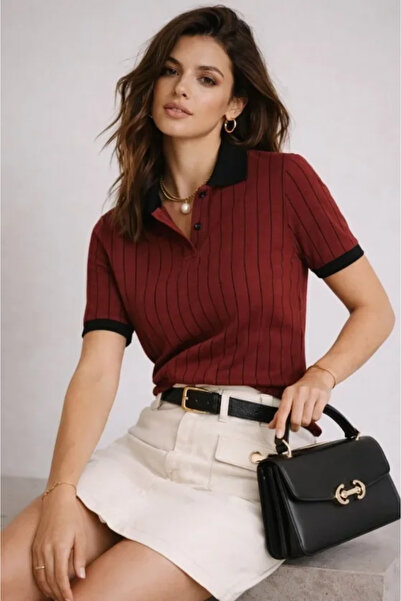 JANES Polo Collar Striped T-Shirt Short Sleeve Buttoned Summer T-Shirt - Burg...