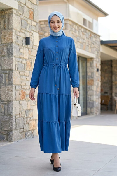 Hb Harma Time Butik Women's Lace Detailed Waist Tie Blue Ayrobin Dress