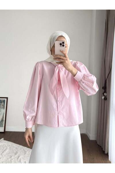 Miraydın Butik Γυναικείο κοντό πουκάμισο ποπλίνα με κορδόνια στο γιακά - Ροζ