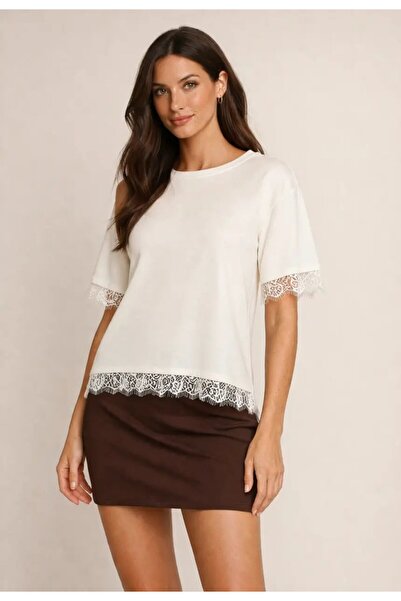 Cool & Sexy Ecru Lace Detailed Oversized T-Shirt Blouse – Stylish Women's Blo...