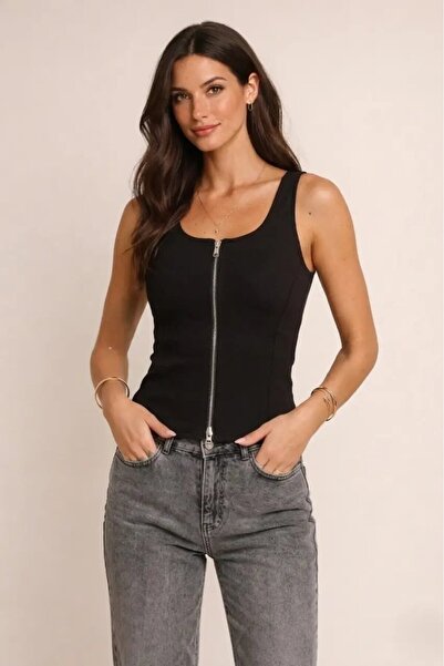 Cool & Sexy Zippered Zero Sleeve Blouse Black