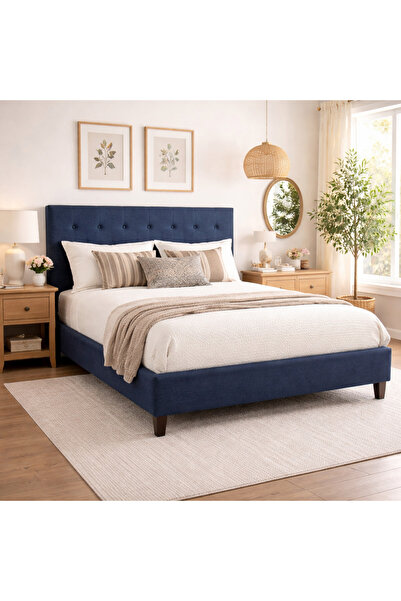 BedBoss Dark Blue Fabric Upholstered Bed with Hydraulic Storage