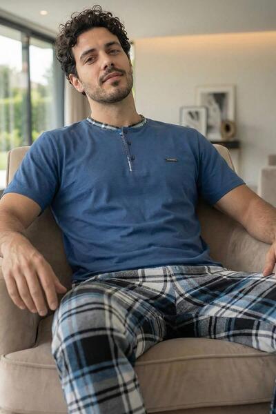 Pijamaevi Σετ ανδρικών πιτζαμών Heritage Deep Blue με κοντά μανίκια από βαμβάκι