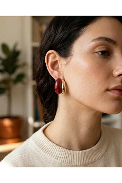 Dorvina Damla Model Women's Earrings Burgundy Vintage Gold Color