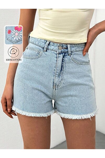 circle Women's Light Blue High Waist Floral Embroidered Tassel Detailed Denim...