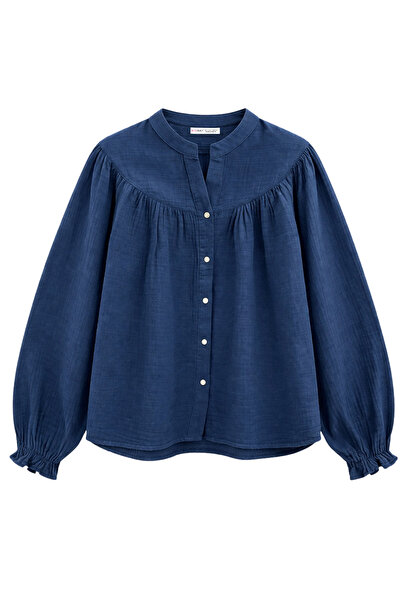 Mixray 4733 قميص نسائي من الموسلين بأكمام طويلة وربطة عنق باللون الأزرق الداكن