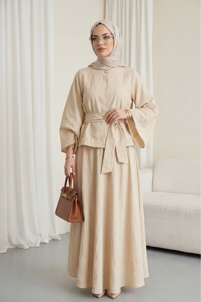 Modamorfo Single Button Belted Skirt Suit -Beige